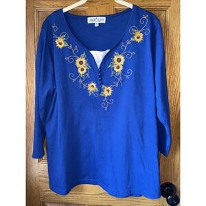 VTG Liberty Lane Women's Size XL Blouse Top Shirt Blue Embroidered Sunflowers